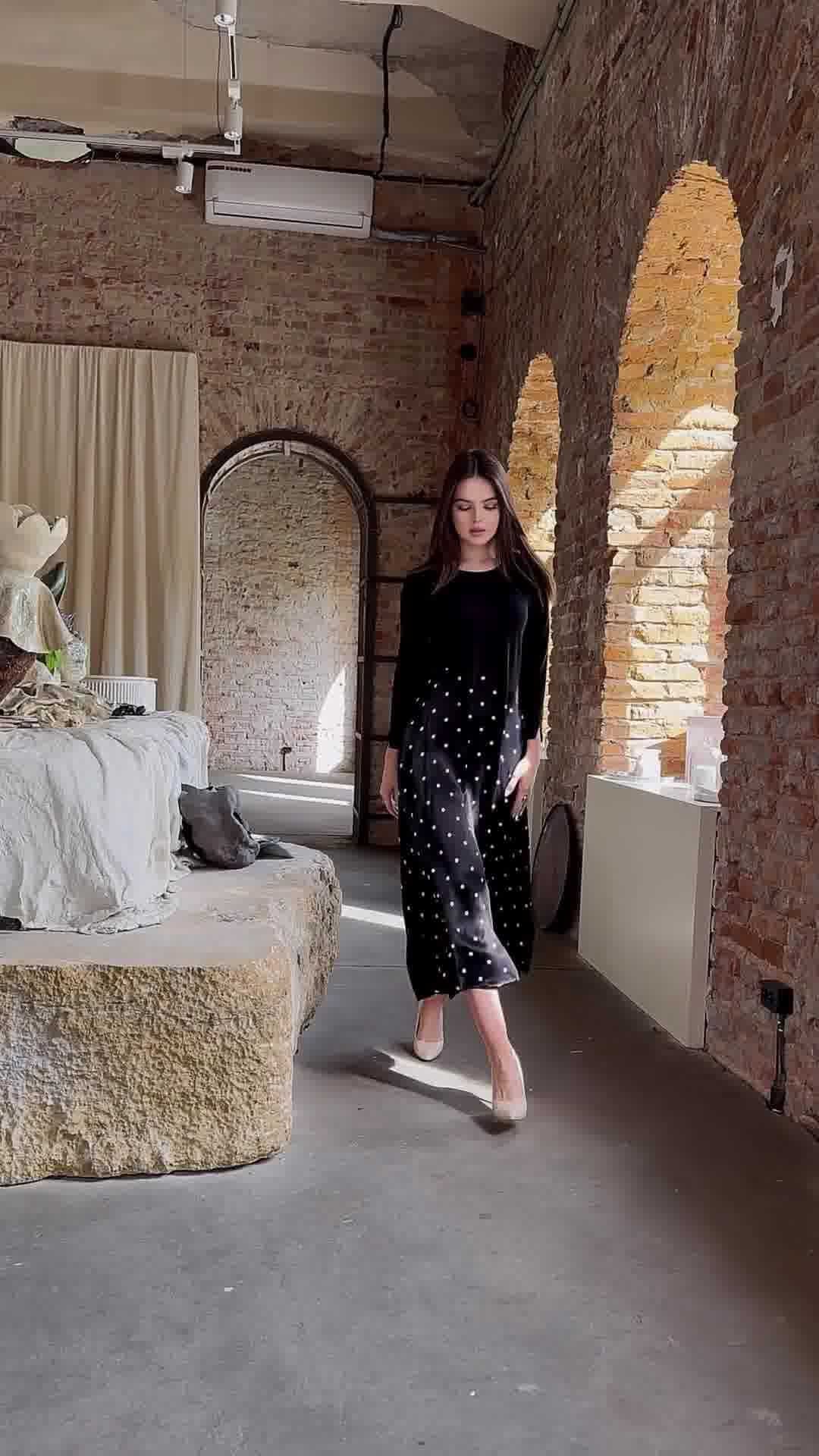 【dress】ラウンドネックドット柄切り替えワンピースF8120