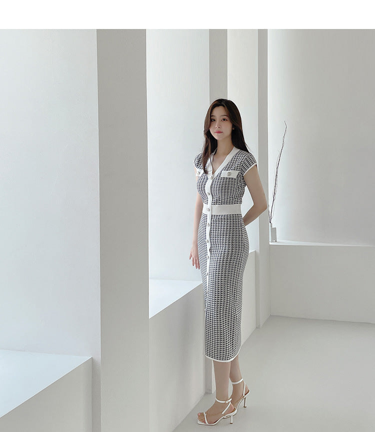 【dress】Vネック千鳥格子ニットワンピースG21842