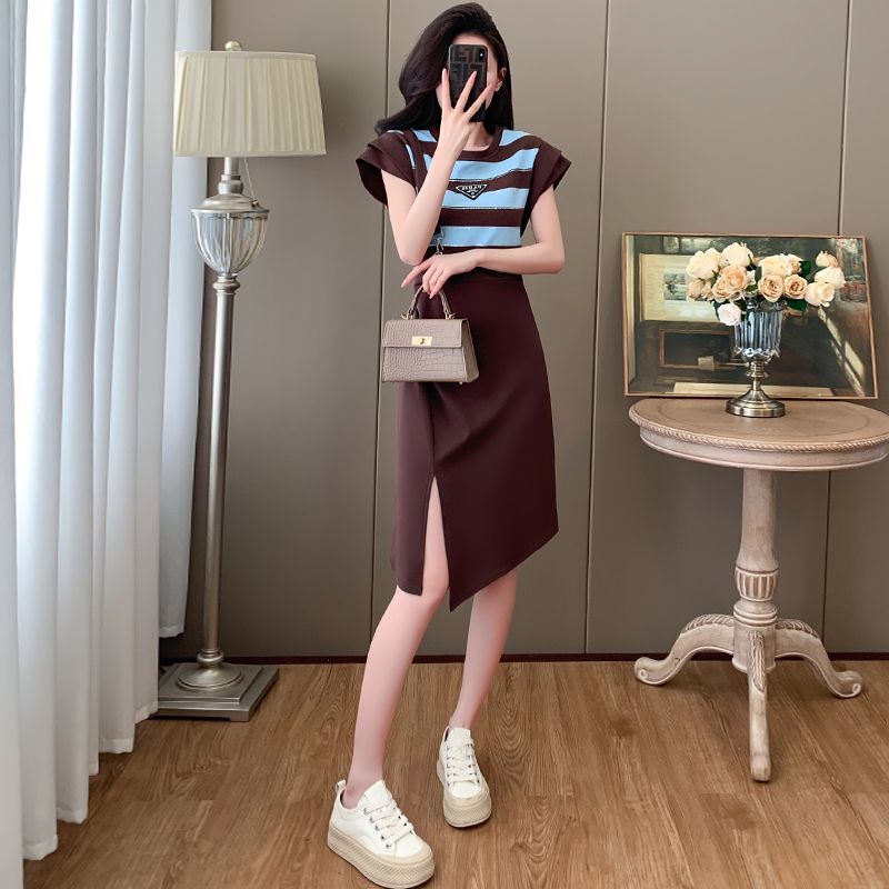 【dress】ストライプ柄切り替えスリットデートワンピースG21720