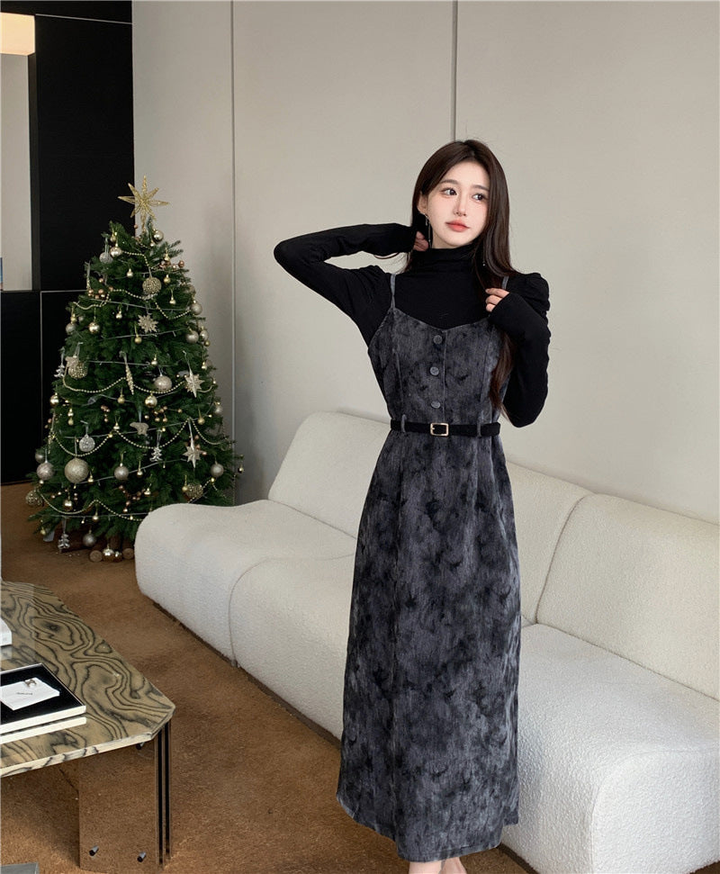 【set】ハーフネックトップス+キャミワンピース2点セットF8288