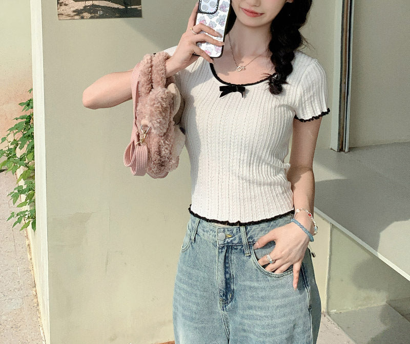 【tops】UネックリボンニットTシャツG21946
