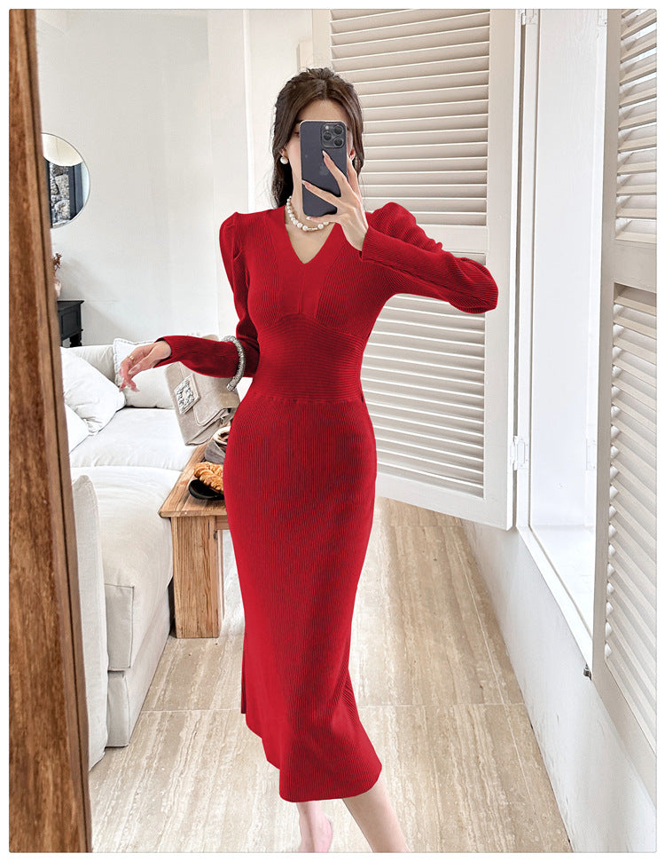 【dress】Vネック長袖ニットワンピースG23290