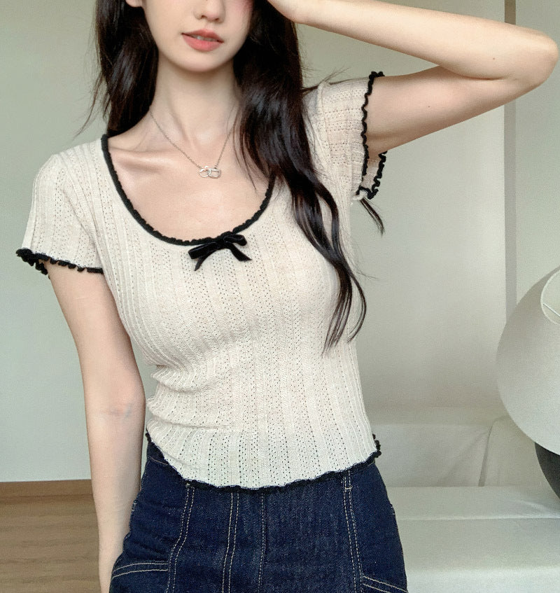 【tops】UネックリボンニットTシャツG21946