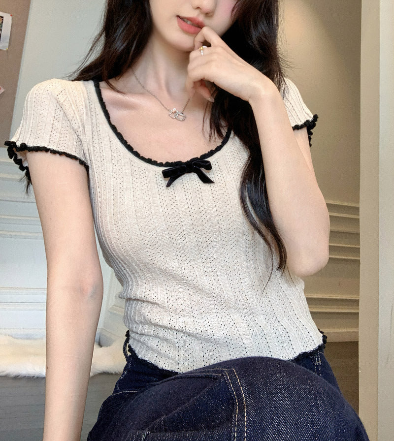 【tops】UネックリボンニットTシャツG21946