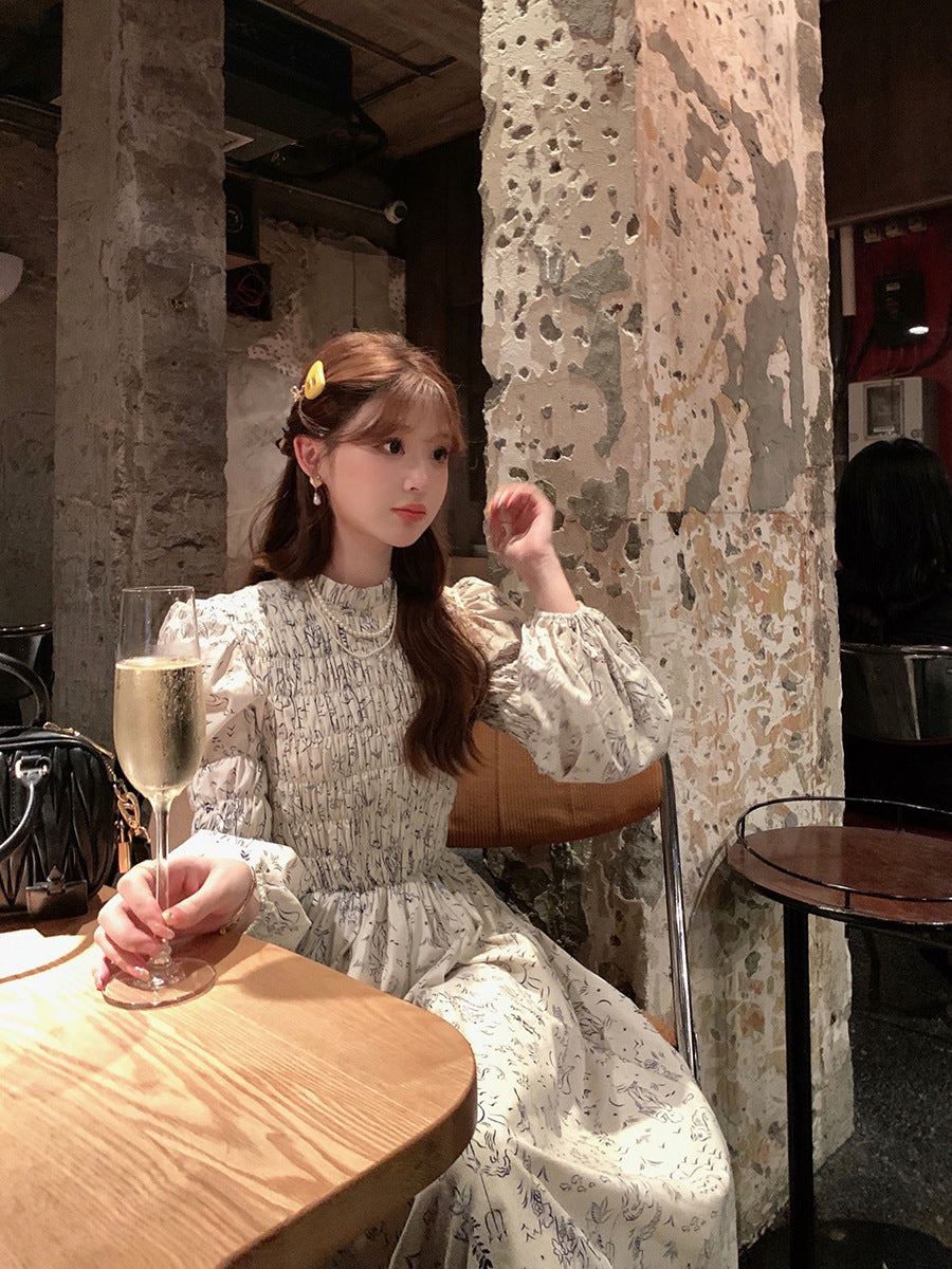 【dress】フランス風長袖花柄シフォンワンピースG24562