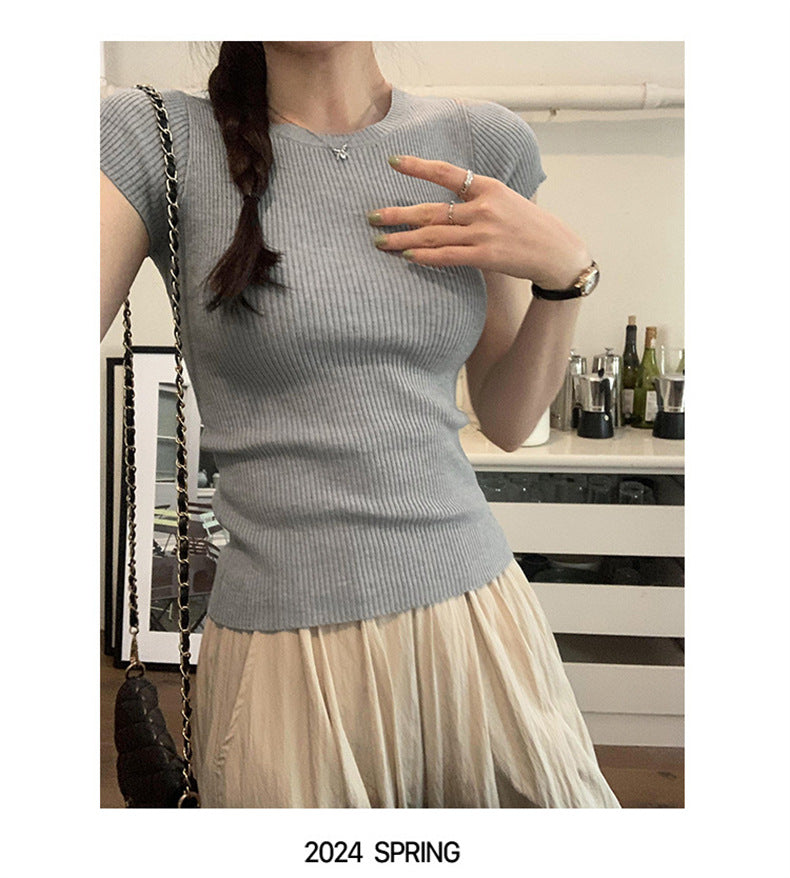 【tops】無地ラウンドネックニットTシャツG21949