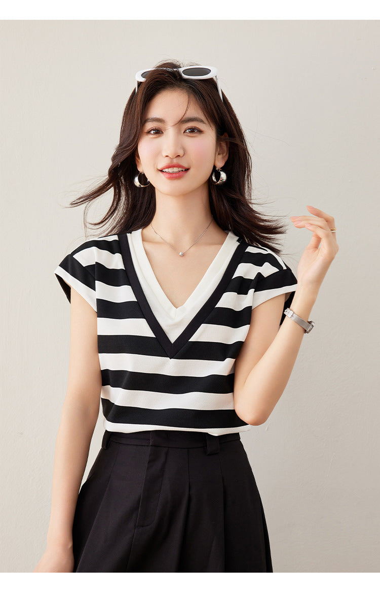 【tops】Vネック偽二つ切り替えTシャツG21955