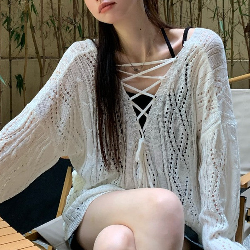 【tops】2色長袖透かし彫りニットセーターF8052