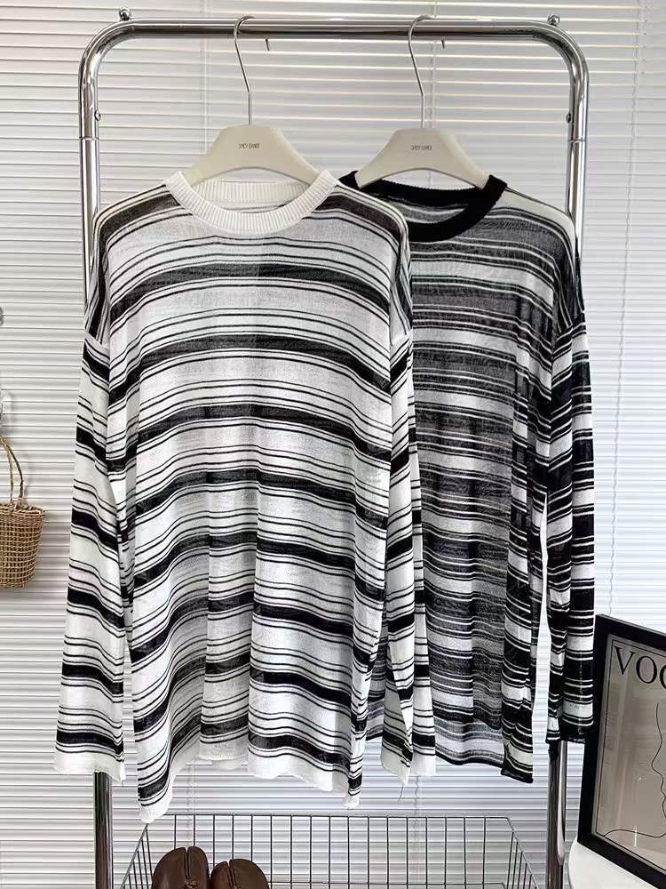 【tops】2色ストライプ柄長袖TシャツG22008