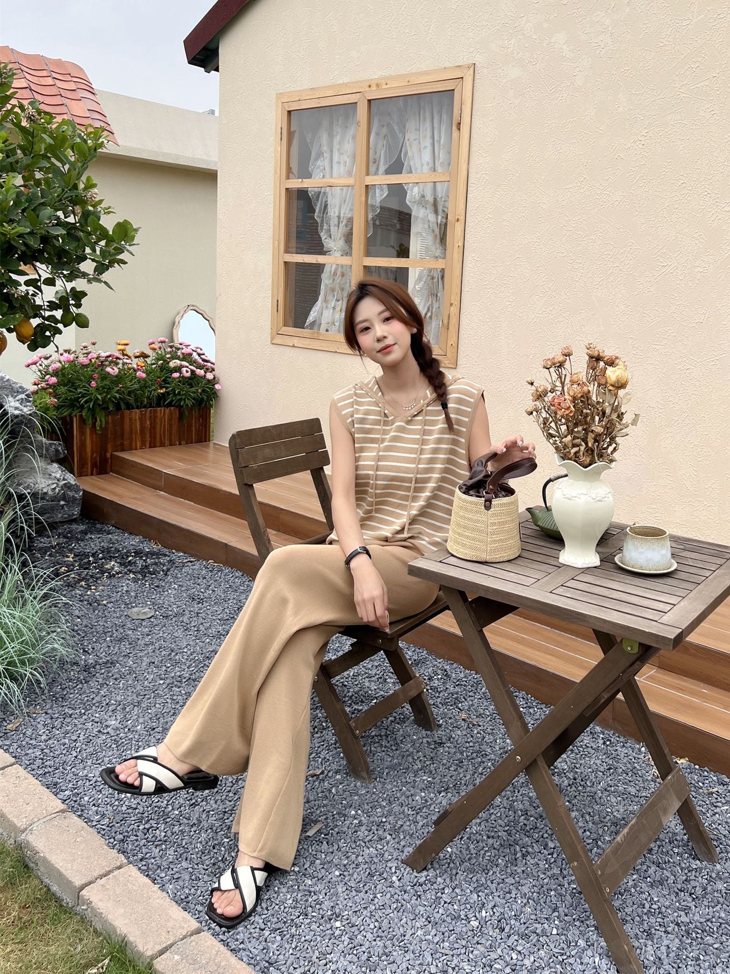 【set】ストライプ柄ニットトップス+ガウチョパンツ2点セットG21916