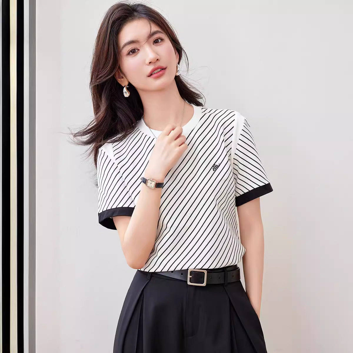【tops】ストライプ柄ラウンドネックTシャツG21957