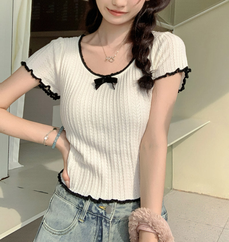 【tops】UネックリボンニットTシャツG21946