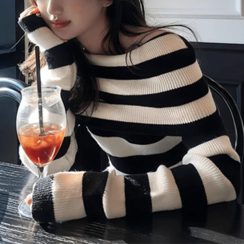 【tops】オフショルダー長袖ニットトップスG24340