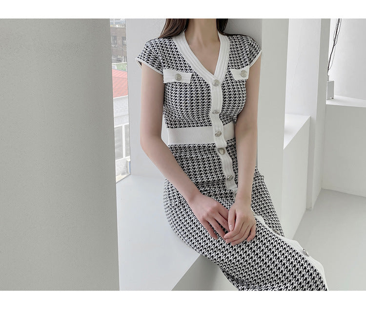 【dress】Vネック千鳥格子ニットワンピースG21842