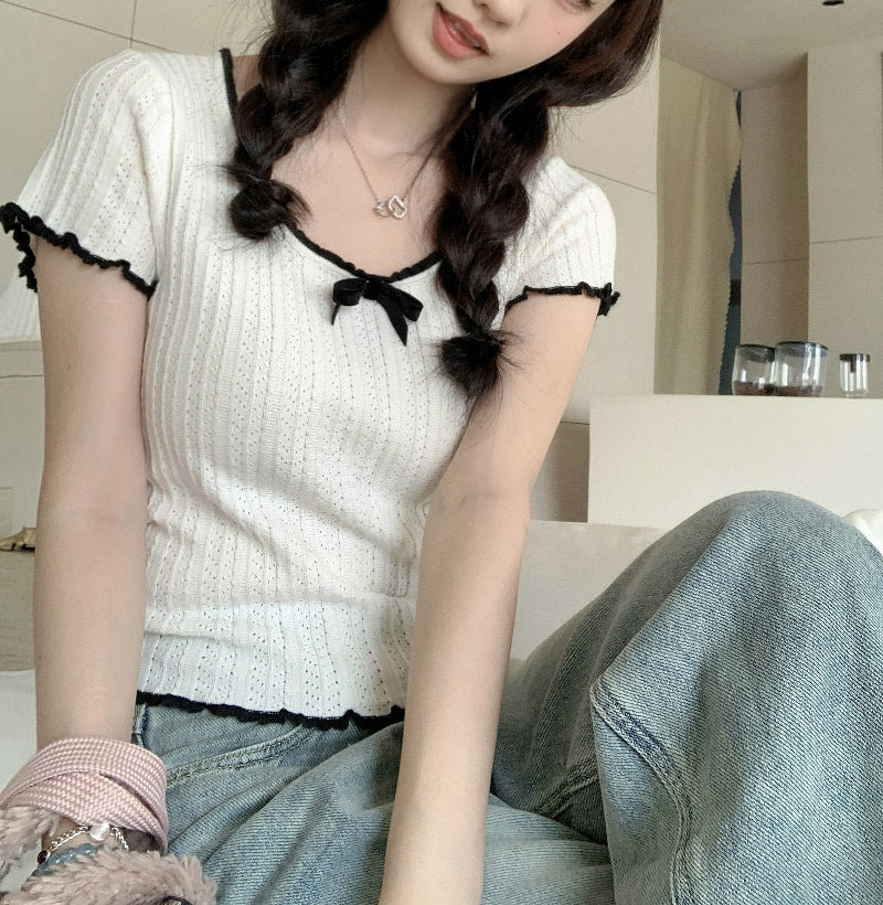 【tops】UネックリボンニットTシャツG21946