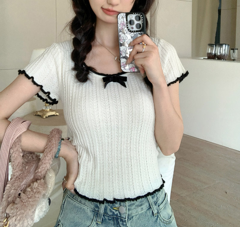 【tops】UネックリボンニットTシャツG21946