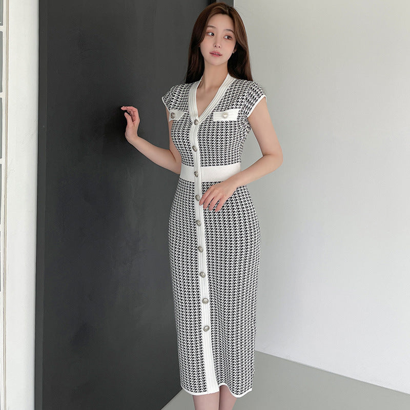 【dress】Vネック千鳥格子ニットワンピースG21842