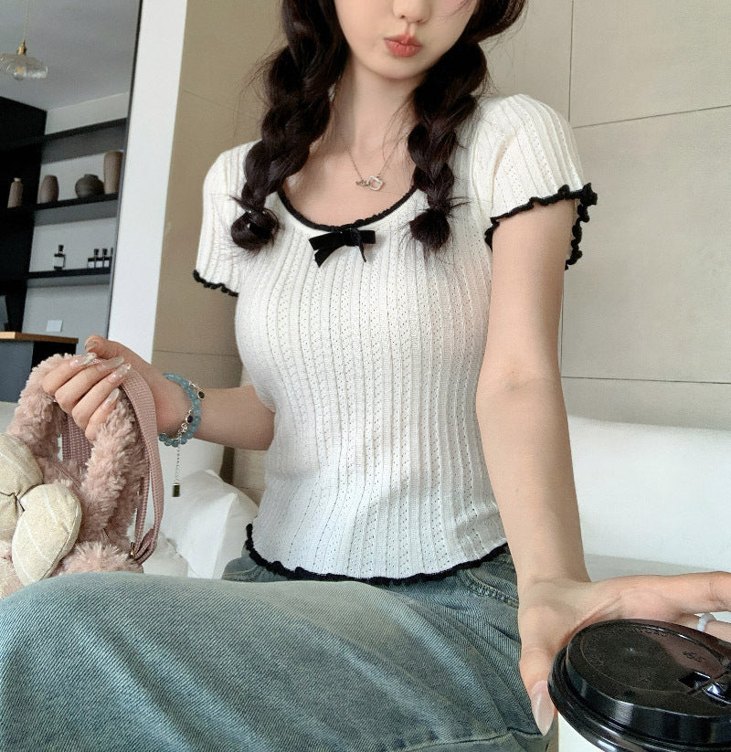 【tops】UネックリボンニットTシャツG21946