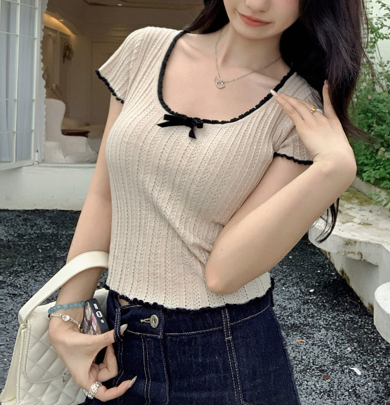 【tops】UネックリボンニットTシャツG21946
