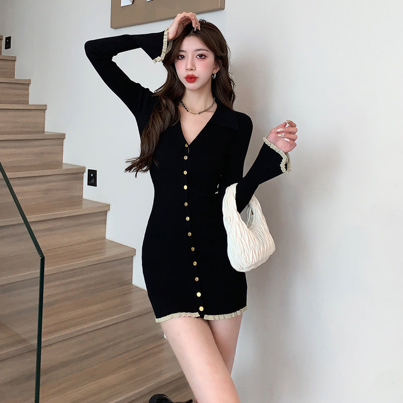 【dress】Vネック長袖ニットワンピースG22918