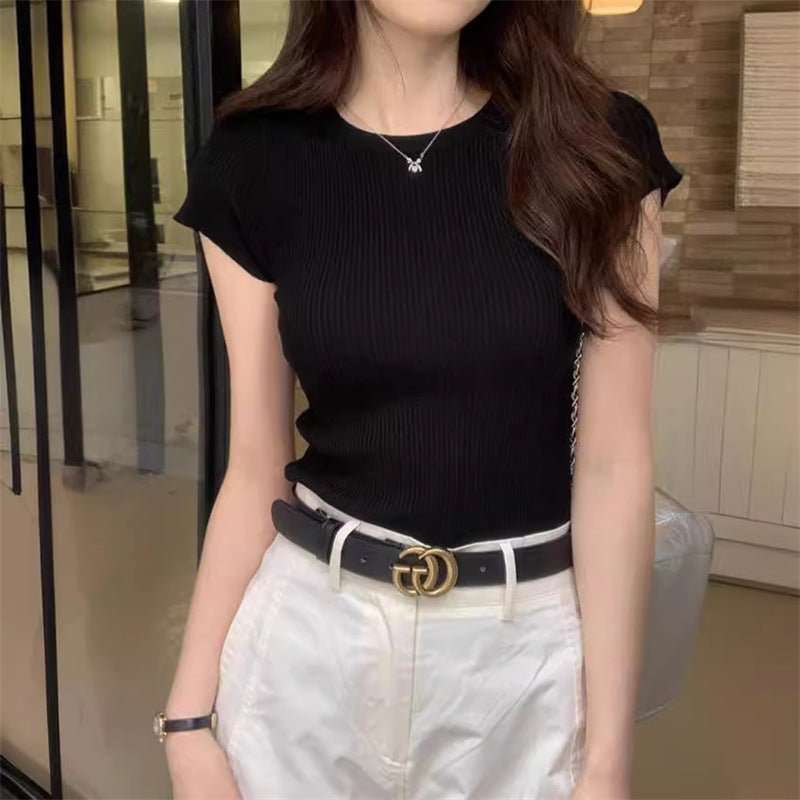 【tops】無地ラウンドネックニットTシャツG21949