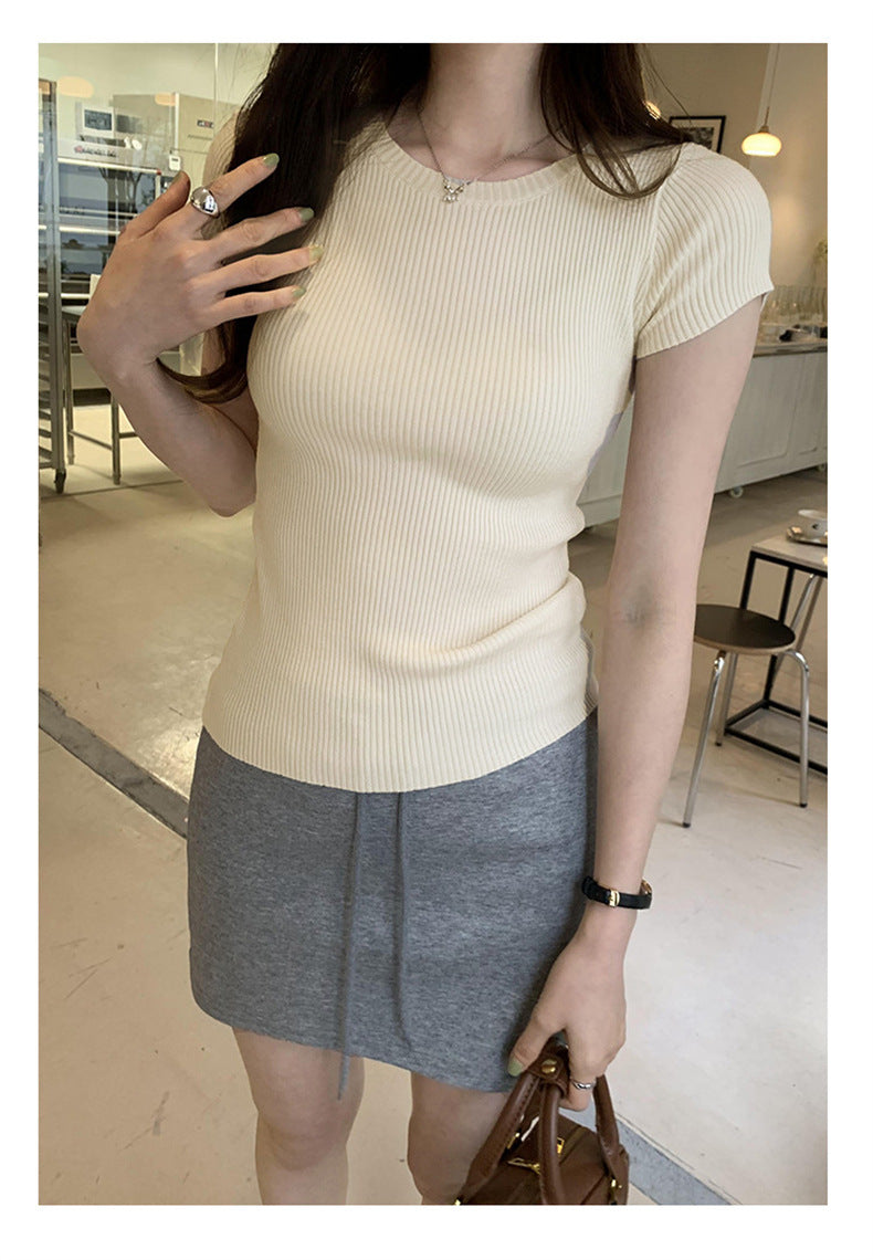 【tops】無地ラウンドネックニットTシャツG21949