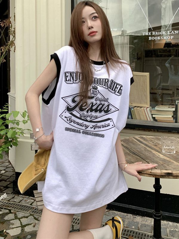 【tops】ラウンドネックノースリーブ英字柄TシャツF7879