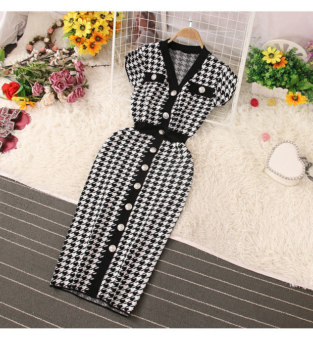 【dress】Vネック千鳥格子ニットワンピースG21842
