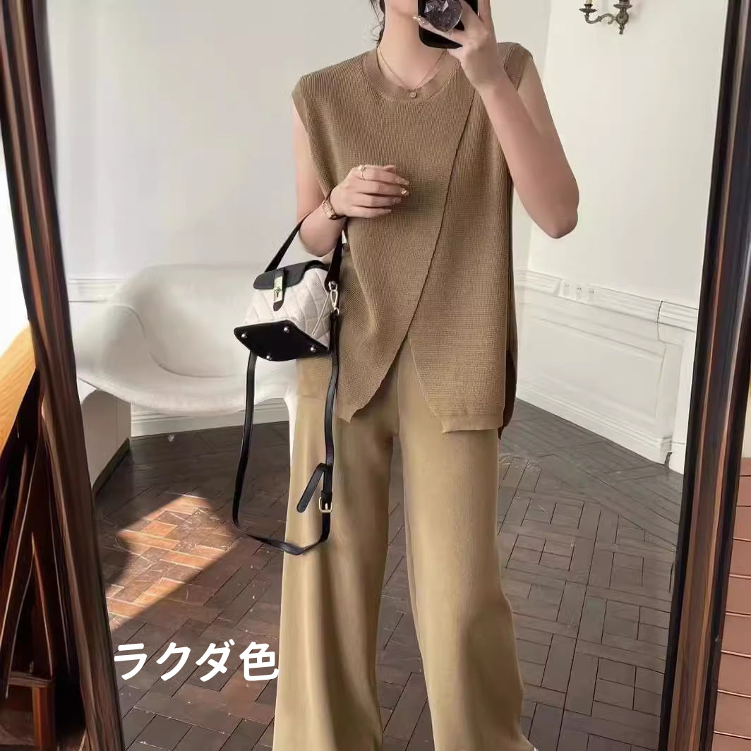 【set】ノースリーブニットトップス+ガウチョパンツ2点セットG21921