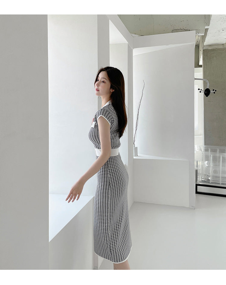 【dress】Vネック千鳥格子ニットワンピースG21842
