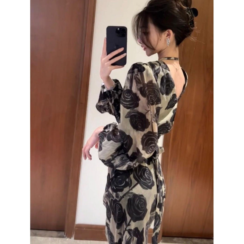 【dress】フランス風プリントVネックデートワンピースG23637