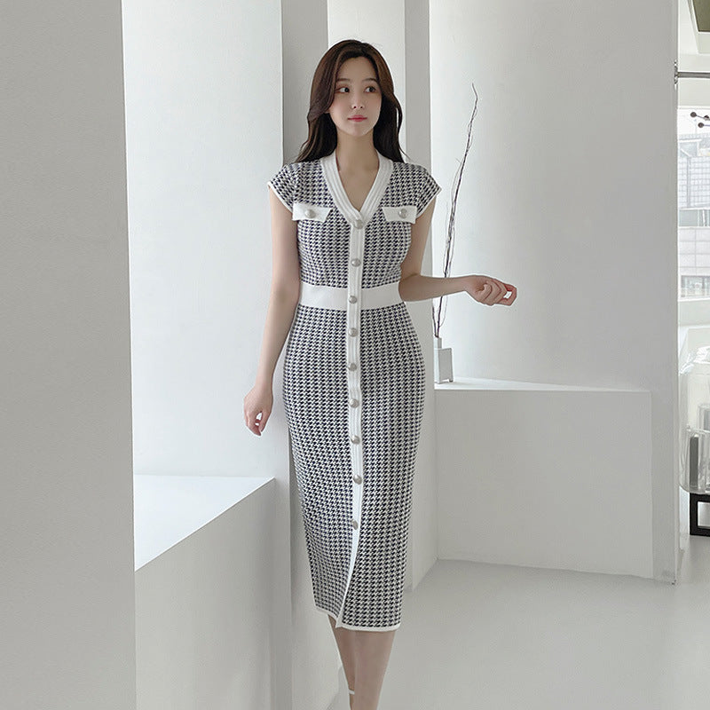 【dress】Vネック千鳥格子ニットワンピースG21842