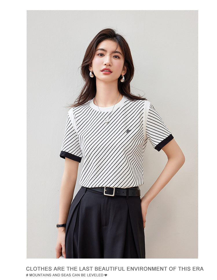 【tops】ストライプ柄ラウンドネックTシャツG21957