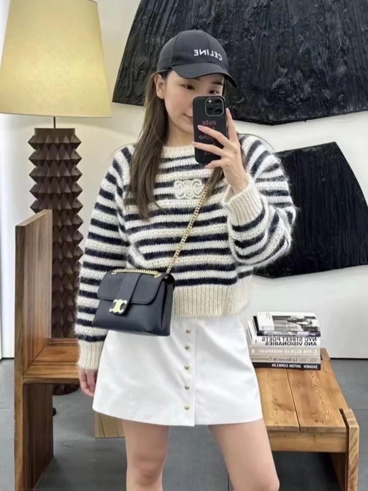 【tops】長袖ボーダー柄ニットセーターF8301