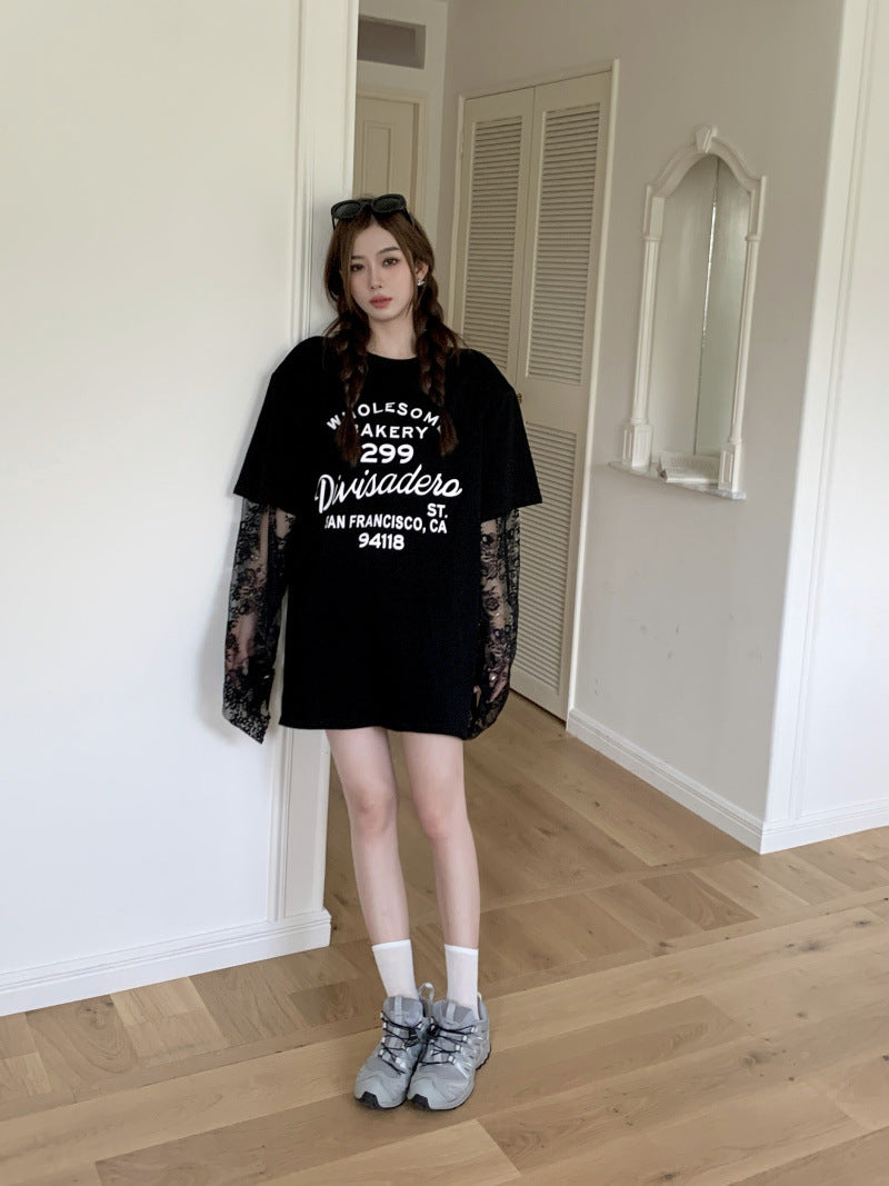 【tops】レース長袖偽二つ切り替えTシャツF7885