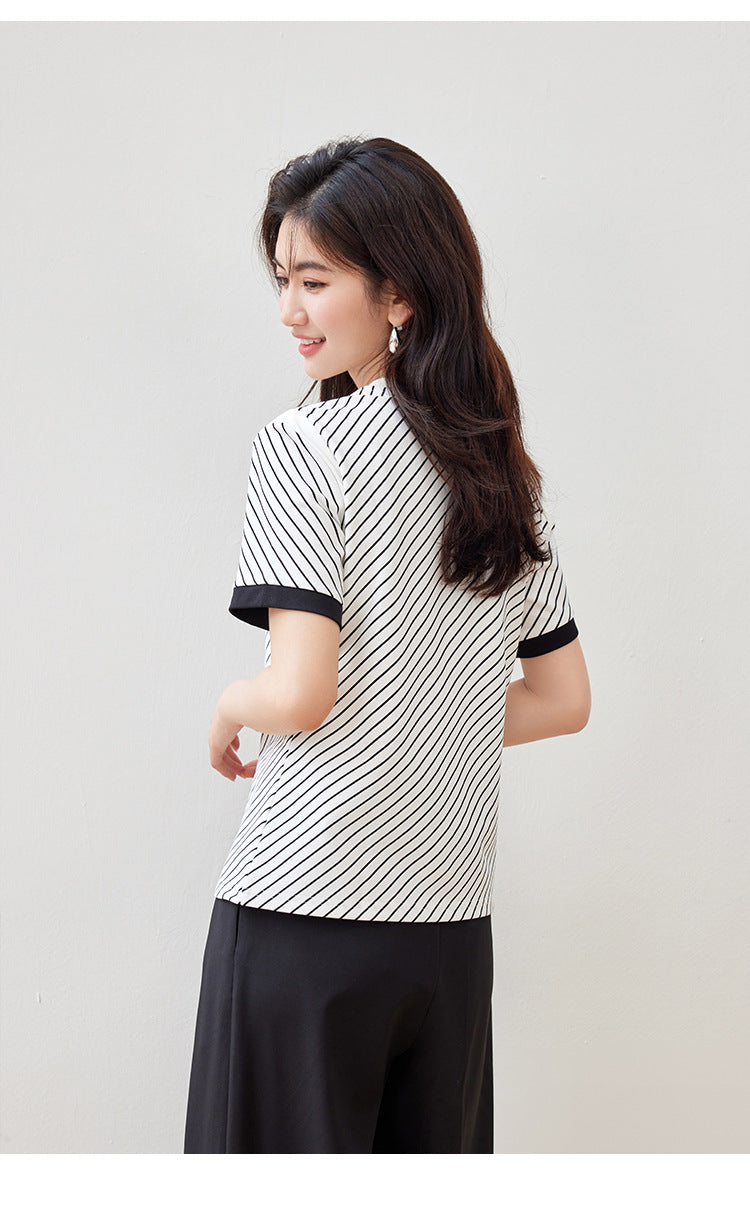 【tops】ストライプ柄ラウンドネックTシャツG21957