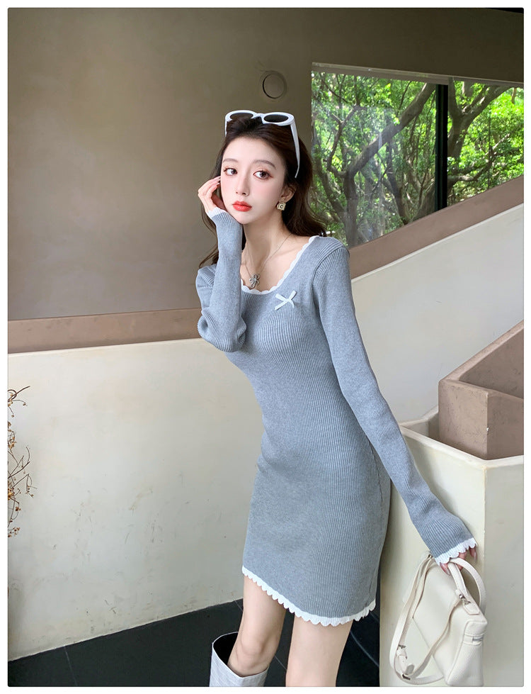 【dress】スクエアネック長袖ニットワンピースG22917