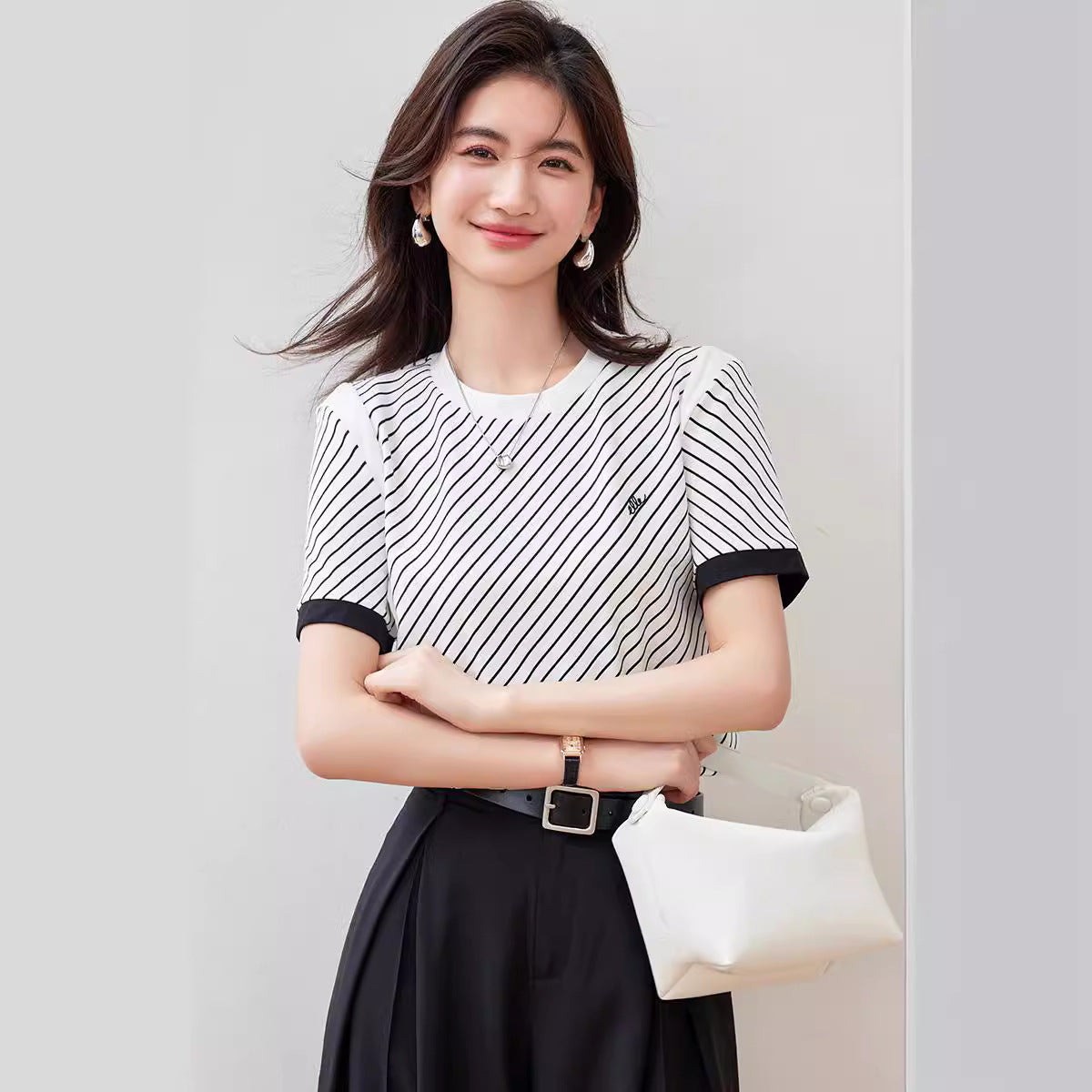 【tops】ストライプ柄ラウンドネックTシャツG21957