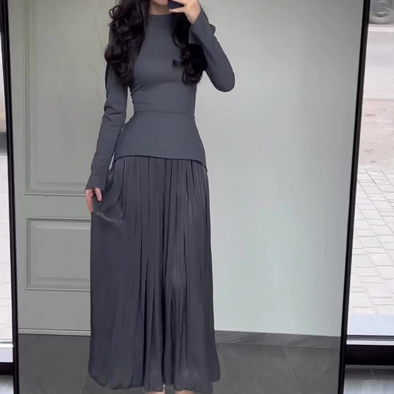 【dress】長袖偽二つ切り替えワンピースF8004