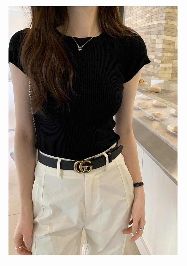 【tops】無地ラウンドネックニットTシャツG21949