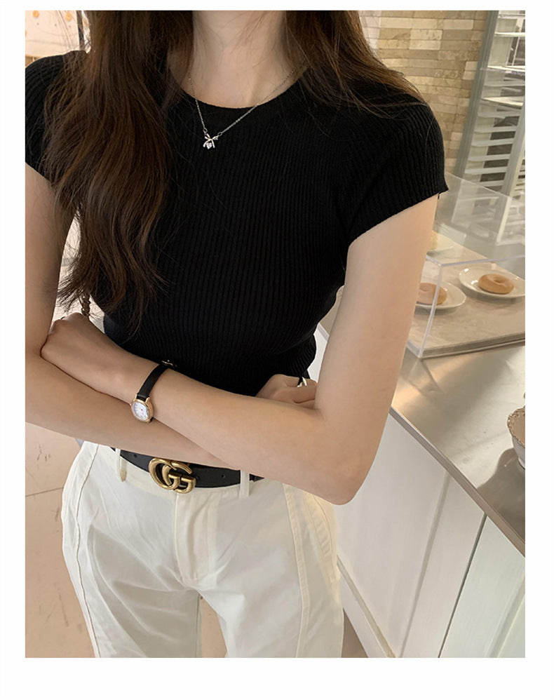 【tops】無地ラウンドネックニットTシャツG21949