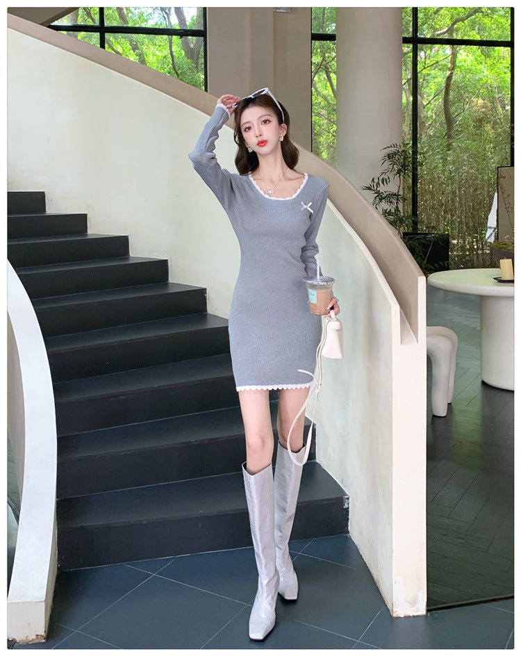 【dress】スクエアネック長袖ニットワンピースG22917