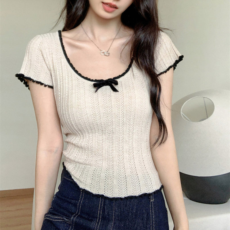【tops】UネックリボンニットTシャツG21946