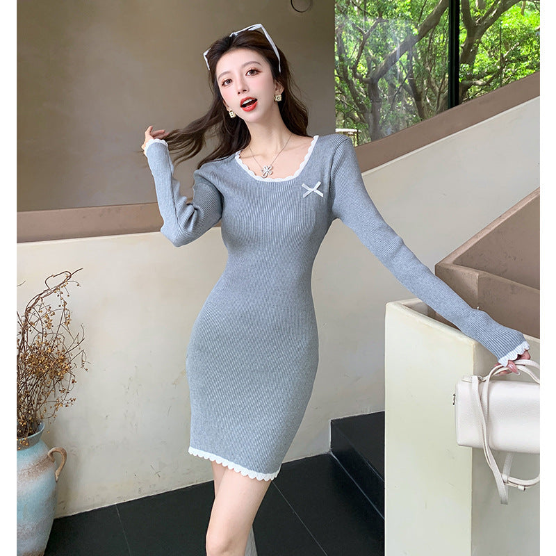 【dress】スクエアネック長袖ニットワンピースG22917