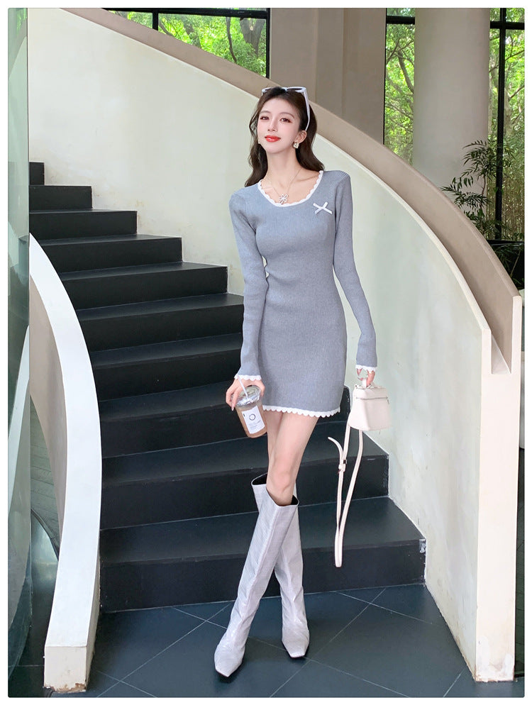 【dress】スクエアネック長袖ニットワンピースG22917