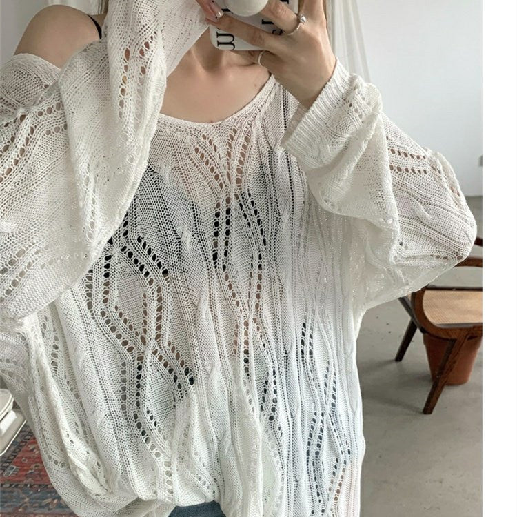 【tops】2色長袖透かし彫りニットセーターF8052