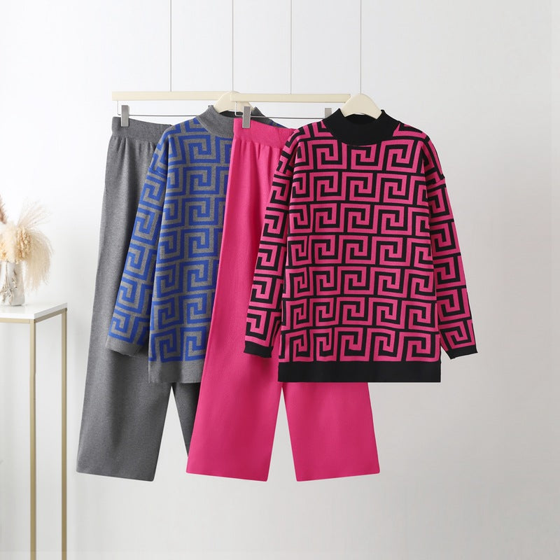 【set】5色ハーフネックセーター+ガウチョパンツニット2点セットF8172