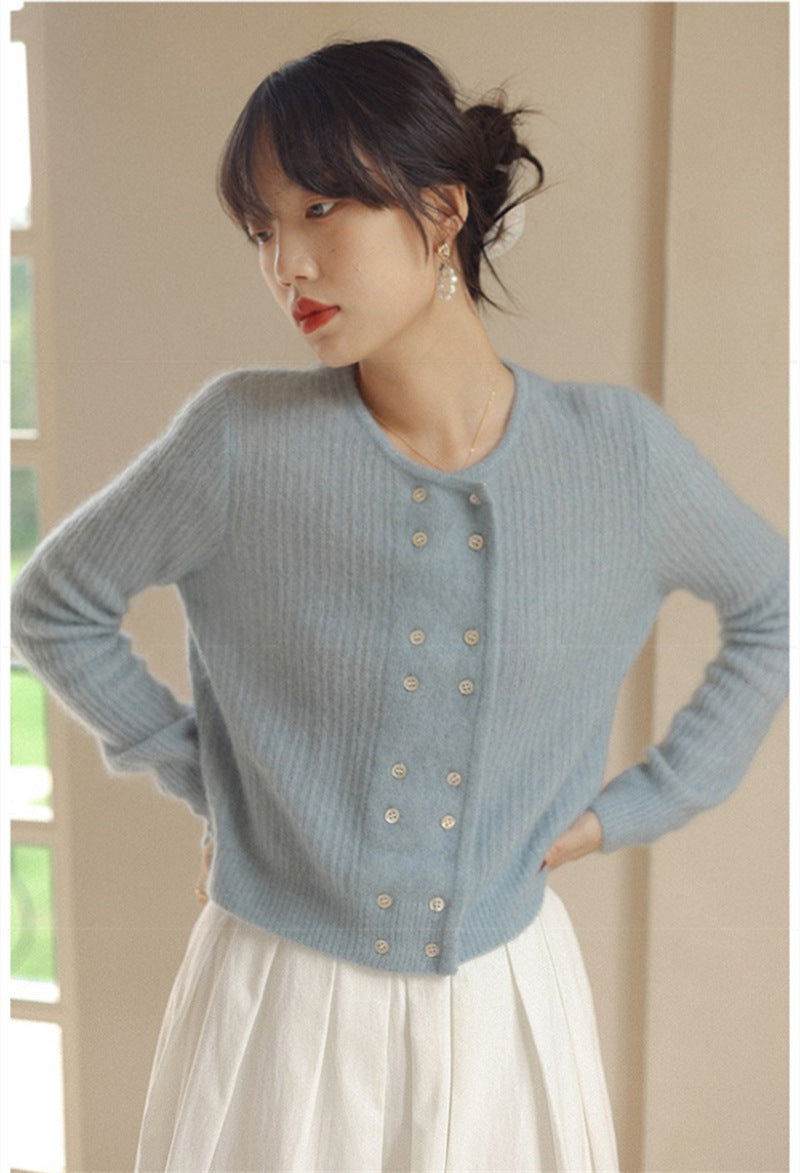 【outer】ラウンドネック長袖ニットカーディガンF8367