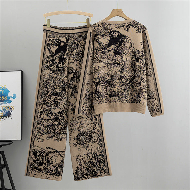 【set】長袖セーター+ガウチョパンツ配色ニット2点セットF7953
