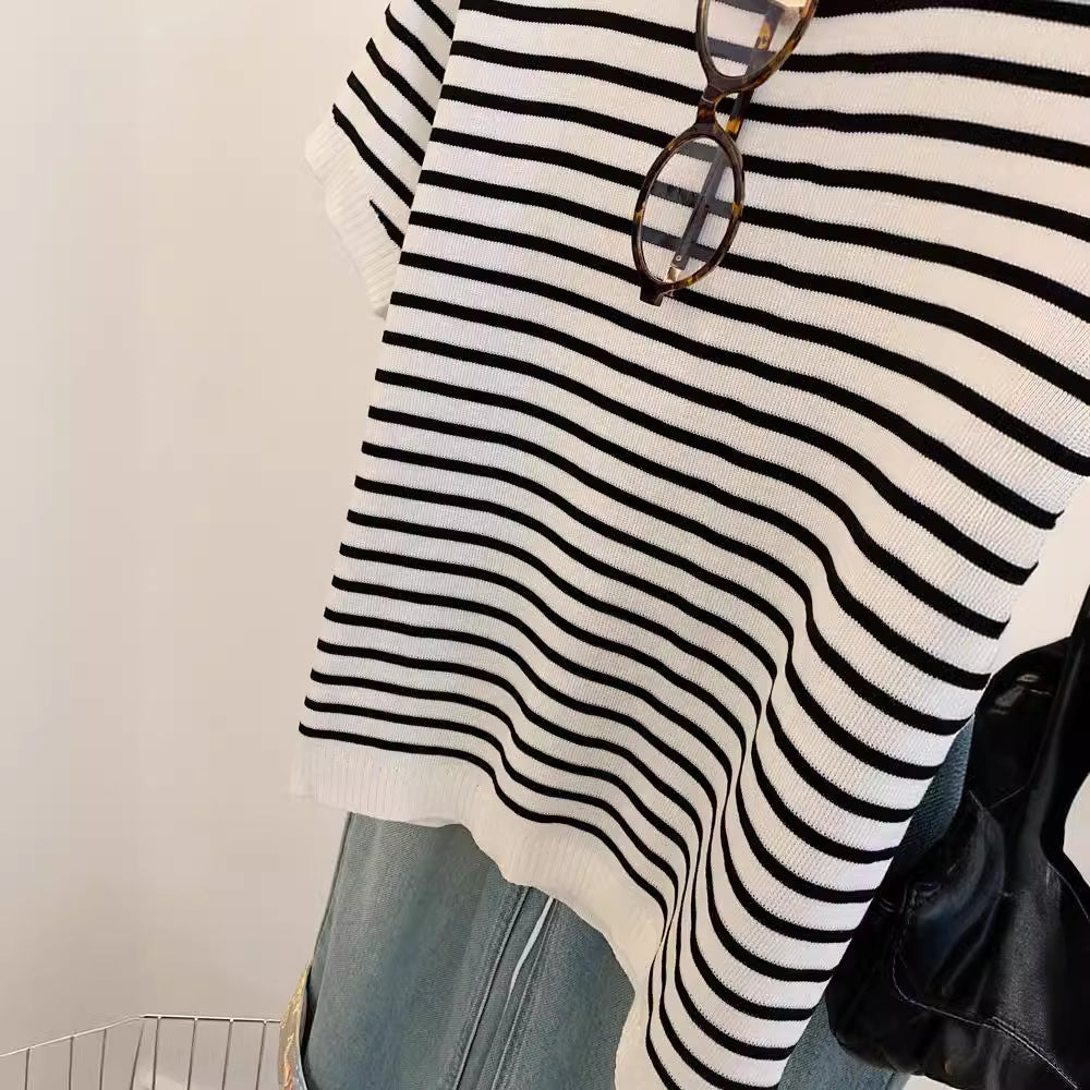 【tops】ラウンドネックストライプ柄TシャツG21939